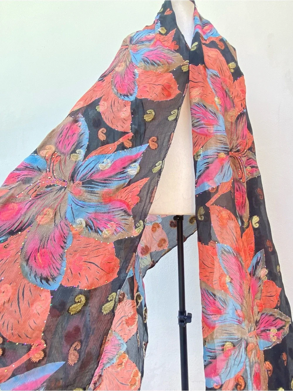 Whimsy 100% Silk Black Multicolor Floral Paisley Embroidered Rhinestone Shawl